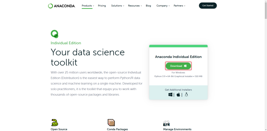 anacondaのダウンロードサイトの画面