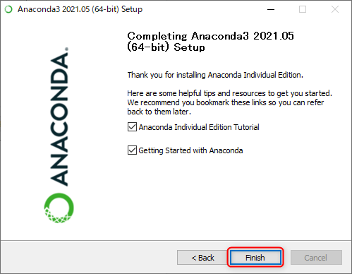 anacondaのインストール画面finish