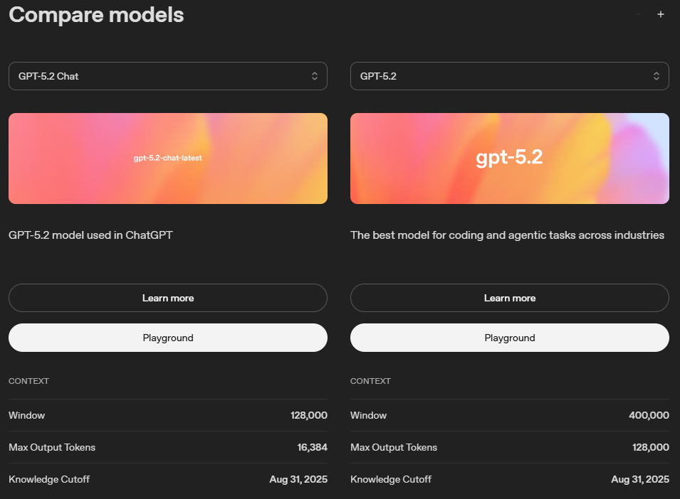 Compare models chat-latest and gpt-5.2