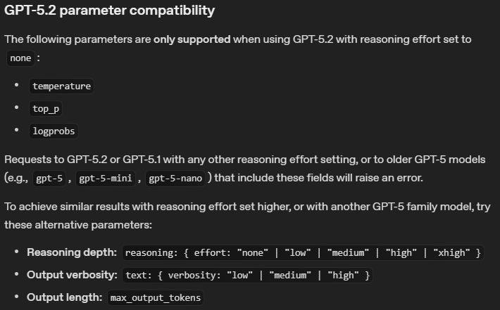 GPT-5.2 parameter compatibility