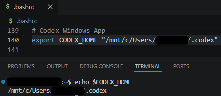 CODEX_HOMEをWindows側の.codexへ向けた確認画面