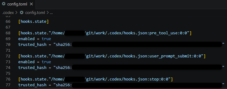 WSL2側のconfig.tomlにtrusted_hashが保存されている画面