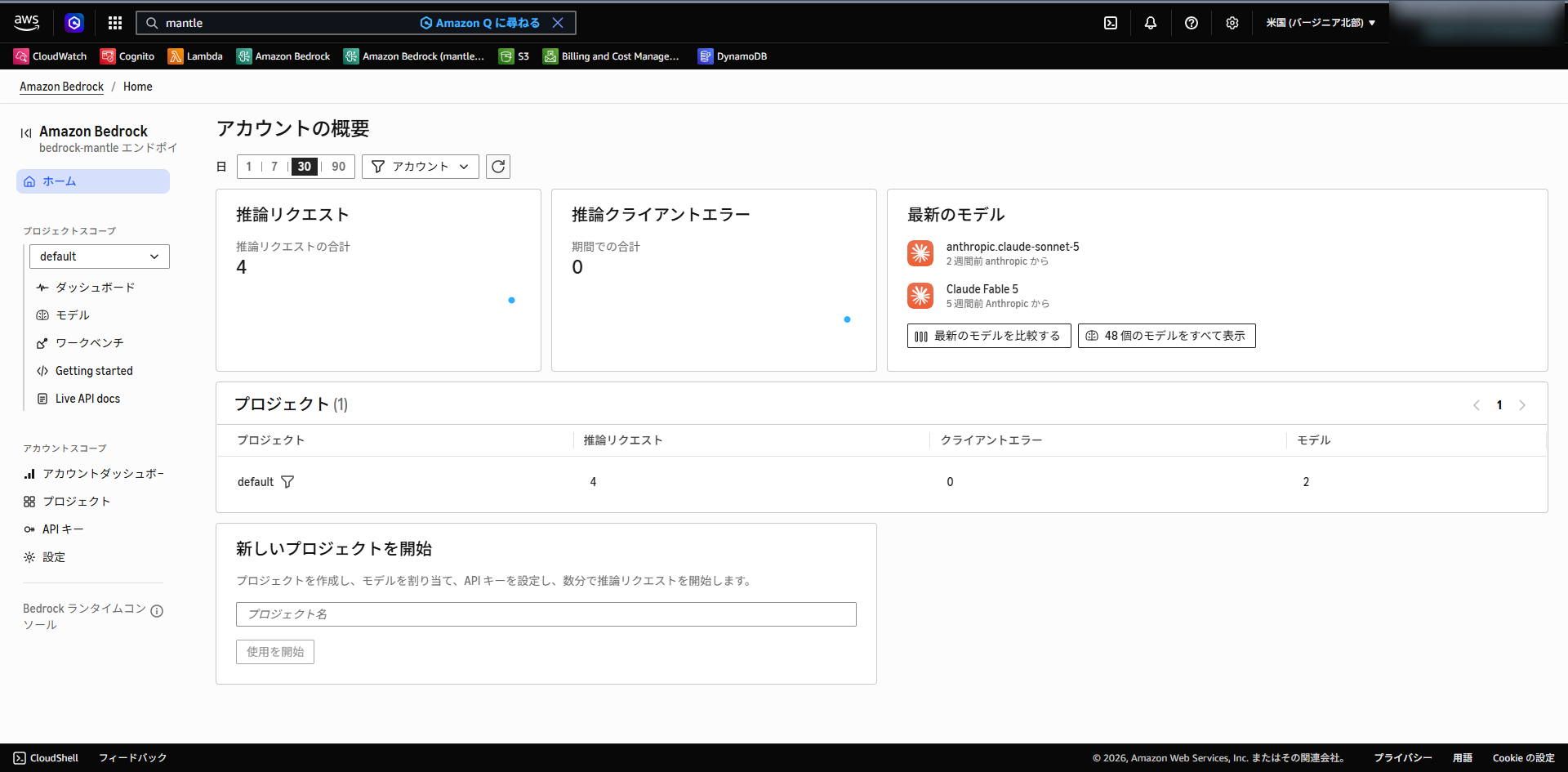 bedrock-mantleエンドポイントに最適化されたBedrockコンソールのホーム画面