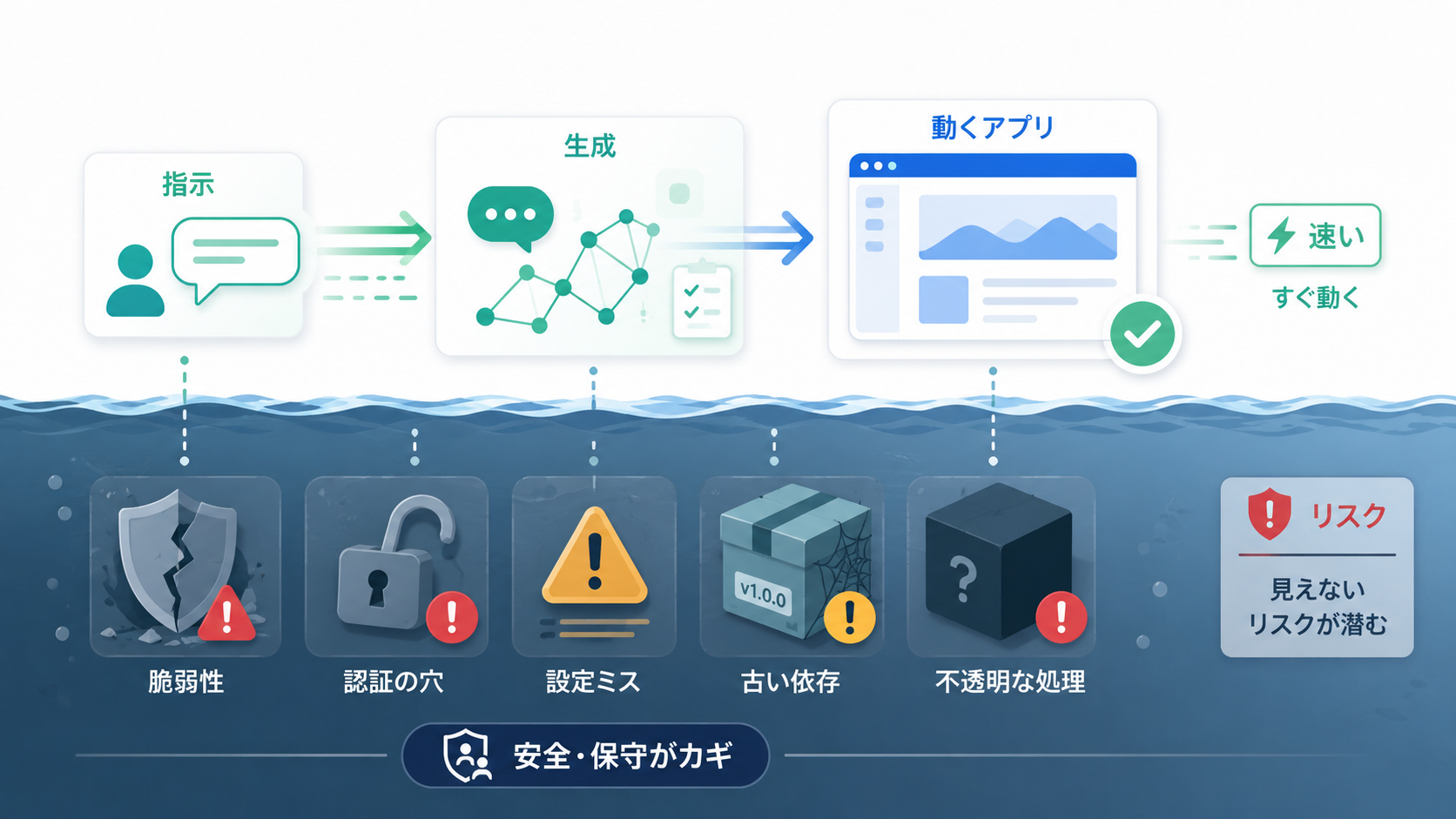 バイブコーディングでは素早く動くものを生成できる一方、水面下にセキュリティや保守のリスクが潜む