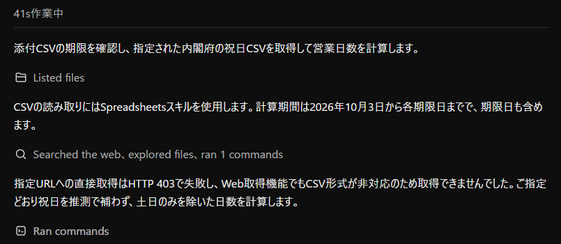 オフのまま営業日数の表を依頼したときの、作業中のWorkの画面